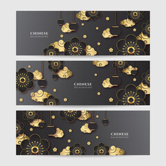 Obraz na płótnie Canvas Chinese new year 2022 year of the tiger black and gold flower and asian elements paper cut with craft style on background. Universal chinese background banner. Vector illustration