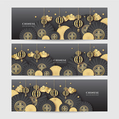 Obraz na płótnie Canvas Chinese new year 2022 year of the tiger black and gold flower and asian elements paper cut with craft style on background. Universal chinese background banner. Vector illustration