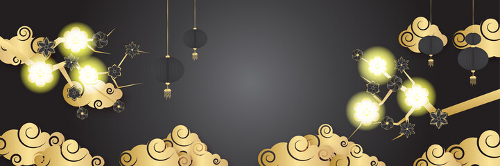 Chinese new year 2022 year of the tiger black and gold flower and asian elements paper cut with craft style on background. Universal chinese background banner. Vector illustration