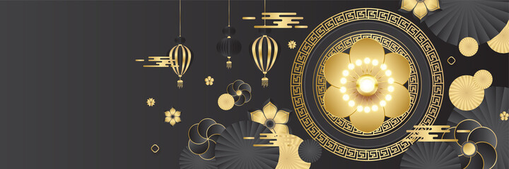 Chinese new year 2022 year of the tiger black and gold flower and asian elements paper cut with craft style on background. Universal chinese background banner. Vector illustration