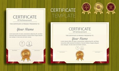 Red and gold appreciation certificate border template with luxury badge and modern line pattern. For appreciation, business and educational needs