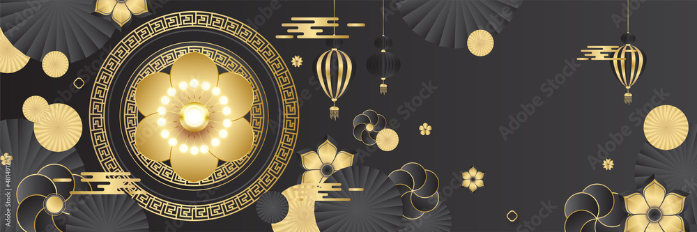 Wall mural Chinese new year 2022 year of the tiger black and gold flower and asian elements paper cut with craft style on background. Universal chinese background banner. Vector illustration