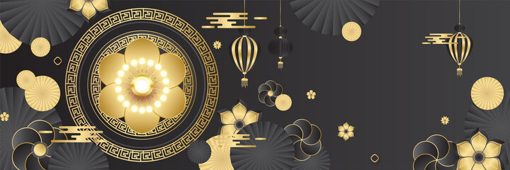 Chinese new year 2022 year of the tiger black and gold flower and asian elements paper cut with craft style on background. Universal chinese background banner. Vector illustration