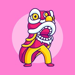 Obraz premium cute lion dance for chinese new year vector illustration. people wearing lion dance costumes flat design
