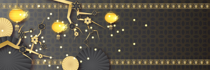 Chinese new year 2022 year of the tiger black and gold flower and asian elements paper cut with craft style on background. Universal chinese background banner. Vector illustration