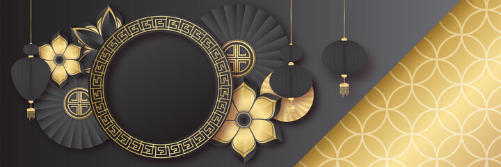 Chinese new year 2022 year of the tiger black and gold flower and asian elements paper cut with craft style on background. Universal chinese background banner. Vector illustration