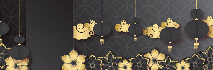 Chinese new year 2022 year of the tiger black and gold flower and asian elements paper cut with craft style on background. Universal chinese background banner. Vector illustration