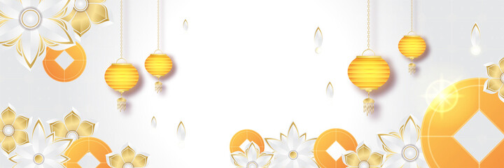 Chinese new year 2022 year of the tiger white and gold flower and asian elements paper cut with craft style on background. Universal chinese background banner. Vector illustration
