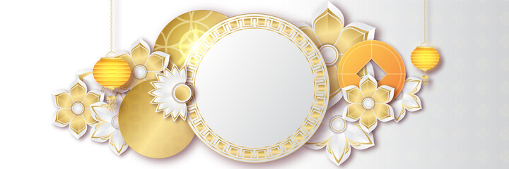 Chinese new year 2022 year of the tiger white and gold flower and asian elements paper cut with craft style on background. Universal chinese background banner. Vector illustration