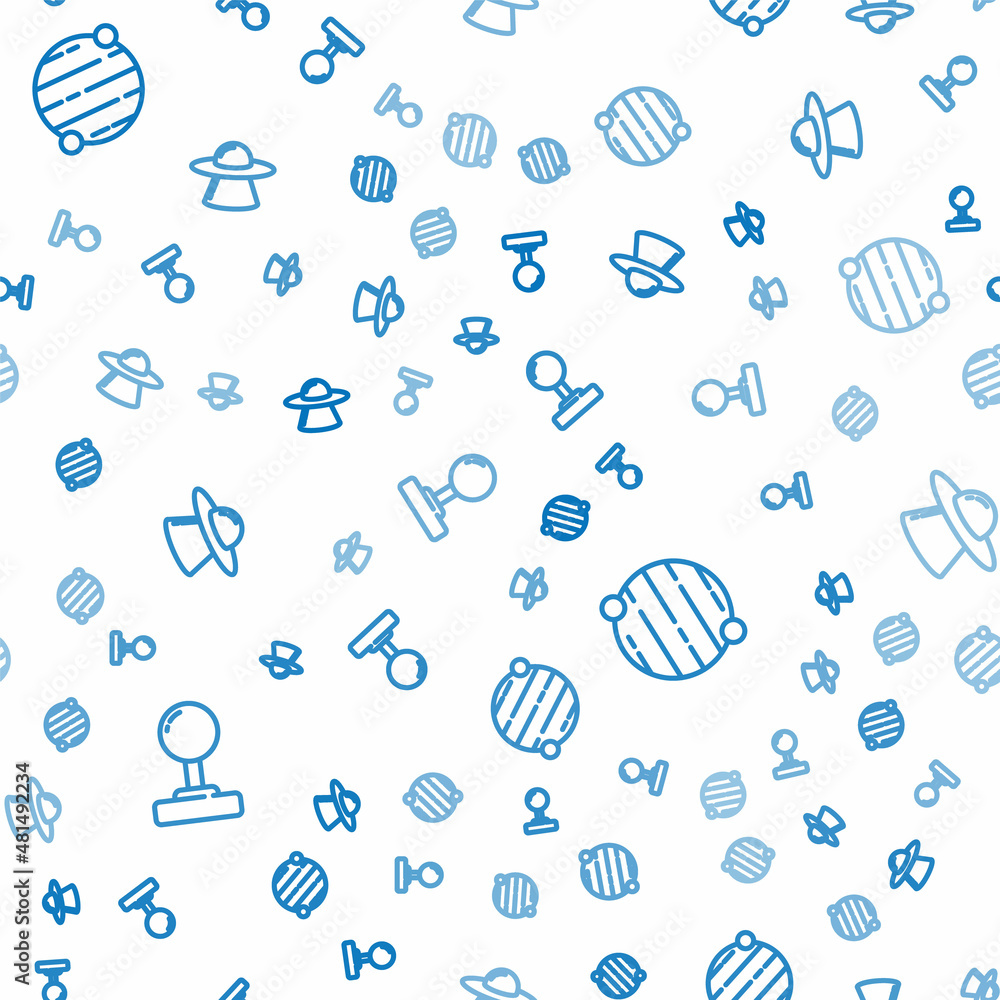 Poster set line joystick, planet and ufo flying spaceship on seamless pattern. vector