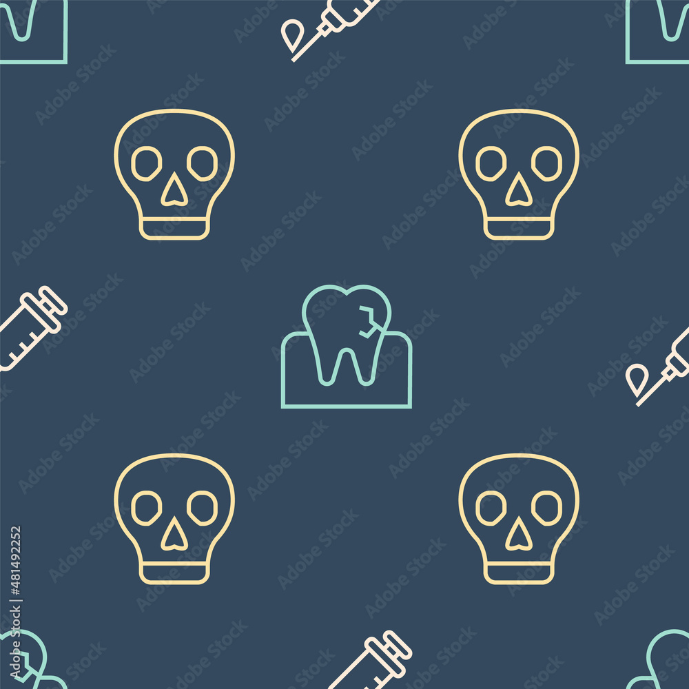 Poster set line syringe, skull and tooth with caries on seamless pattern. vector