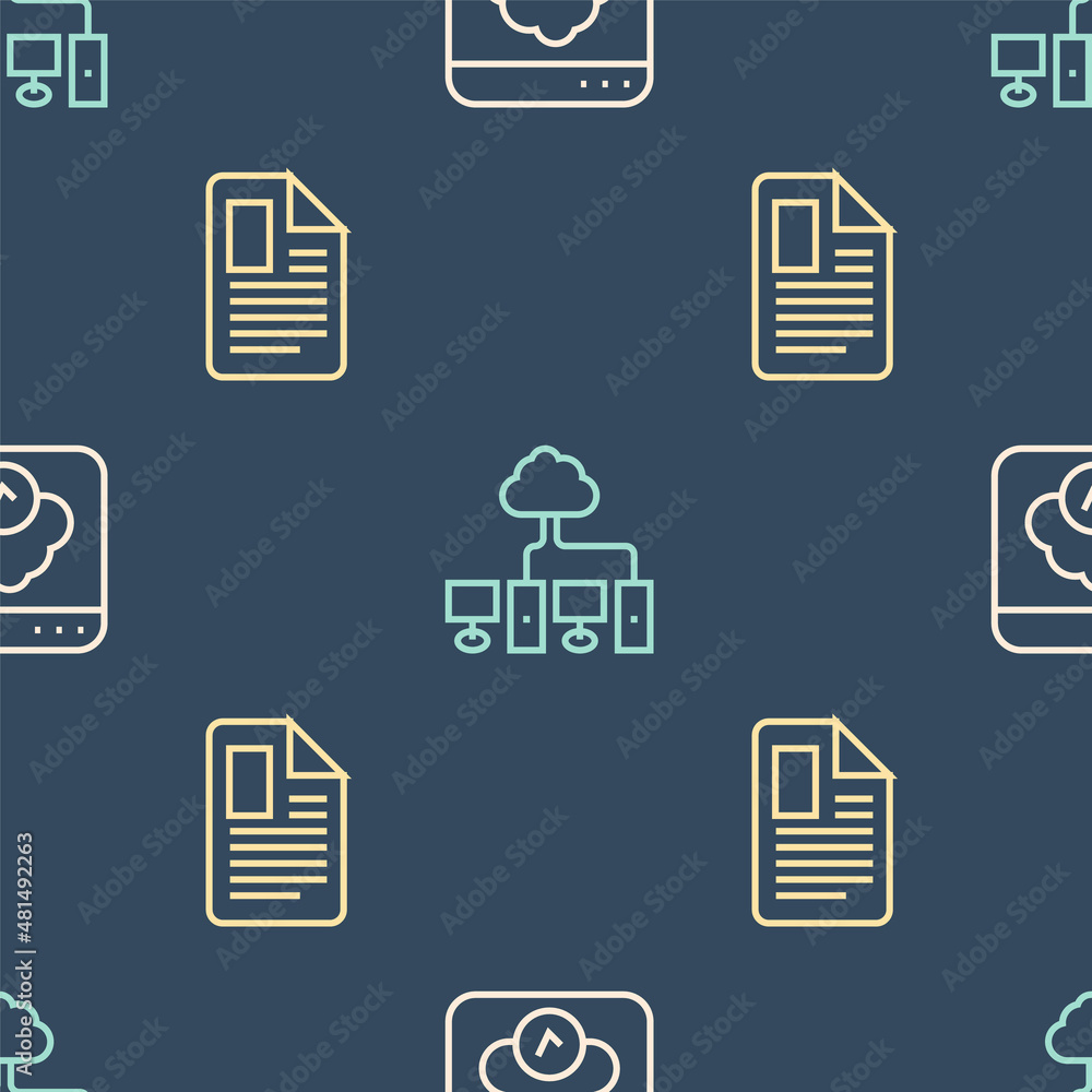 Poster set line cloud technology data transfer, file document and computer network on seamless pattern. vec