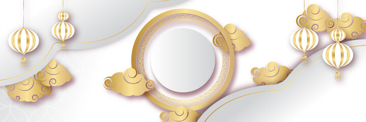 Chinese new year 2022 year of the tiger white and gold flower and asian elements paper cut with craft style on background. Universal chinese background banner. Vector illustration