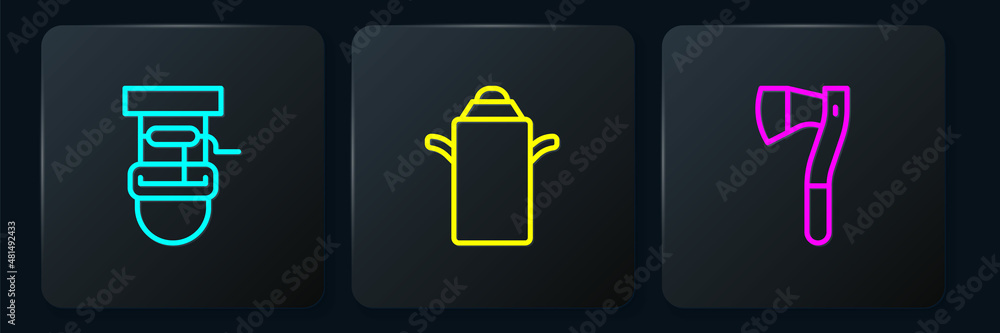 Aufkleber set line well with bucket, wooden axe and can container for milk. black square button. vector