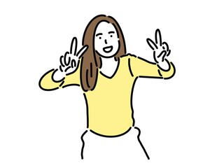 カメラに向かってピースをする女性