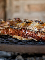 ribs Of Meat Grilling On Fire