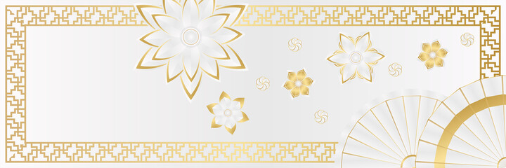 Chinese china new year 2022 year of the tiger white and gold flower and asian elements paper cut with craft style on background. Universal chinese china background banner. Vector illustration