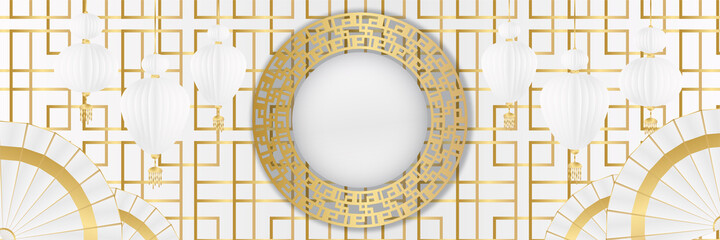 Chinese china new year 2022 year of the tiger white and gold flower and asian elements paper cut with craft style on background. Universal chinese china background banner. Vector illustration