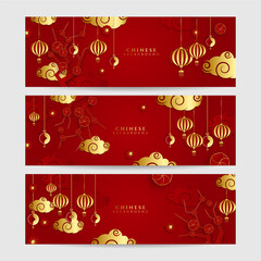 Chinese new year 2022 year of the tiger red and gold flower and asian elements paper cut with craft style on background. Universal chinese background banner. Vector illustration