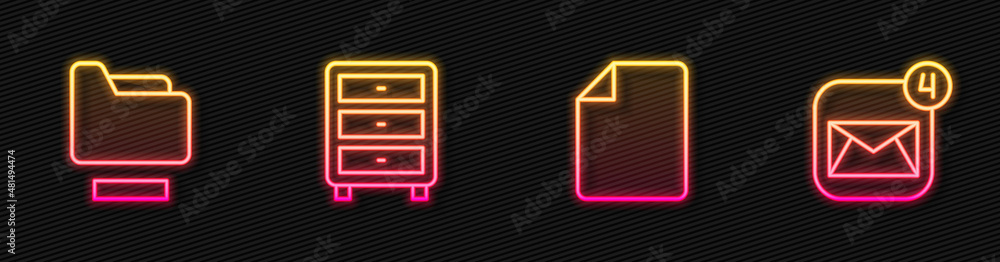 Poster set line file document, document folder, archive papers drawer and envelope. glowing neon icon. vect