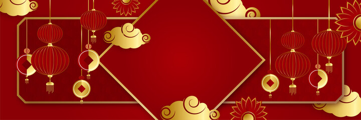 Chinese new year 2022 year of the tiger red and gold flower and asian elements paper cut with craft style on background. Universal chinese background banner. Vector illustration