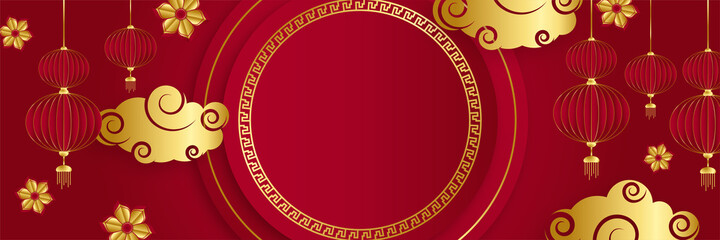 Chinese new year 2022 year of the tiger red and gold flower and asian elements paper cut with craft style on background. Universal chinese background banner. Vector illustration