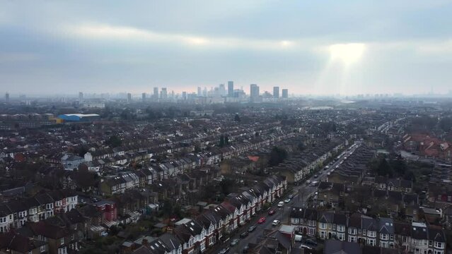 High altitude wide aerial view of East London residential housing estate