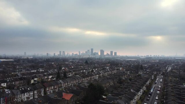 Beautiful aerial view of East London housing estate on overcast cloudy day