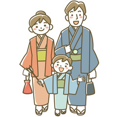 着物を着て初詣に行く家族