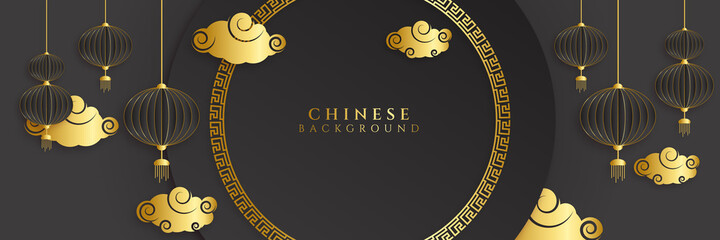 Chinese new year 2022 year of the tiger black and gold flower and asian elements paper cut with craft style on background. Universal chinese background banner. Vector illustration