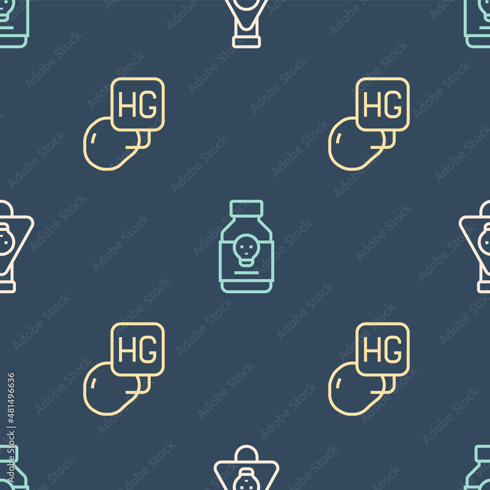 Poster set line bottle with potion, drop of mercury and poisoned pill on seamless pattern. vector