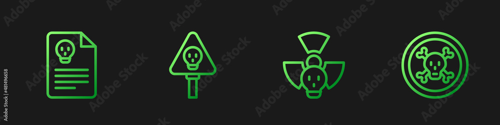 Poster set line radioactive, radiation warning document, bones and skull and . gradient color icons. vector