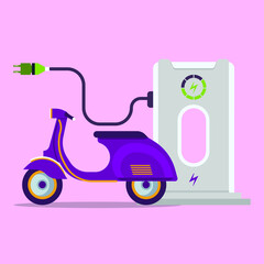 Electric vespa scooter charging at the charger station with a plug in cable.  flat vector illustration concept on violet background.