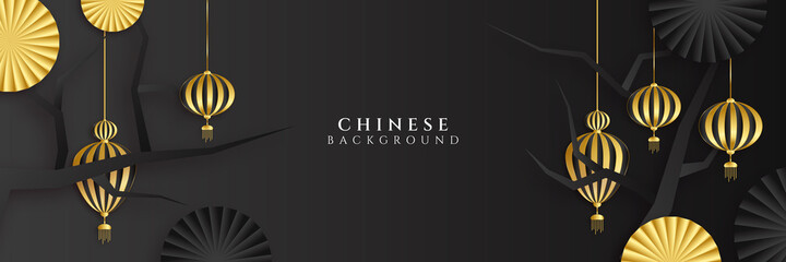 Chinese new year 2022 year of the tiger black and gold flower and asian elements paper cut with craft style on background. Universal chinese background banner. Vector illustration