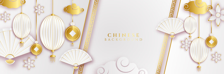 Chinese new year 2022 year of the tiger white and gold flower and asian elements paper cut with craft style on background. Universal chinese background banner. Vector illustration