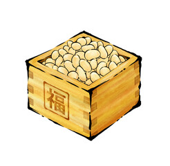 豆と枡の和風筆描きイラスト　節分