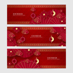 Chinese new year 2022 year of the tiger red and gold flower and asian elements paper cut with craft style on background. Universal chinese background banner. Vector illustration