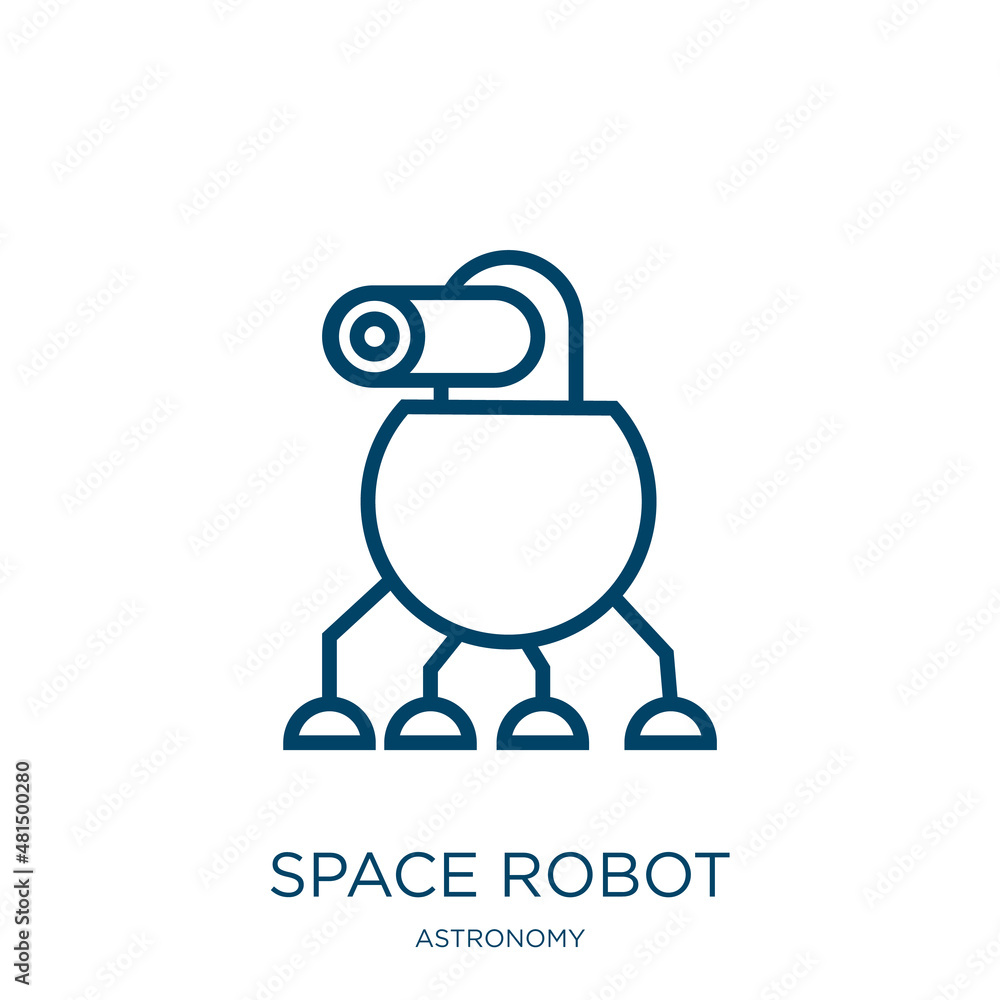 Poster space robot icon from astronomy collection. thin linear space robot, space, robot outline icon isola