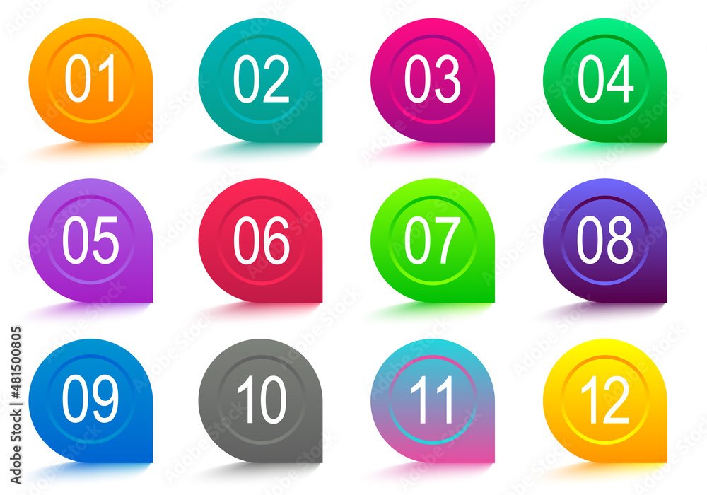 Poster number bullet point colorful 3d markers 1 to 12 vector