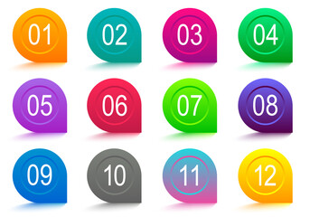 Number Bullet Point Colorful 3d Markers 1 to 12 Vector
