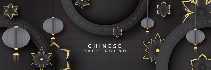 Chinese new year 2022 year of the tiger black and gold flower and asian elements paper cut with craft style on background. Universal chinese background banner. Vector illustration