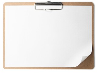 Horizontal clipboard with blank paper and curled corner. Isolated on pure white.