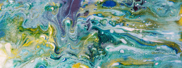 Turquoise blue and gold ochre free flow or pour style painting background. Complex and fine...