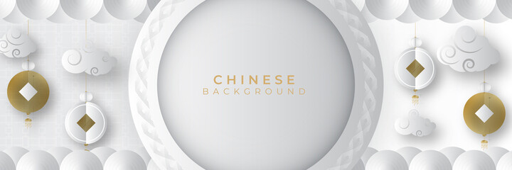 Chinese new year 2022 year of the tiger white and gold flower and asian elements paper cut with craft style on background. Universal chinese background banner. Vector illustration