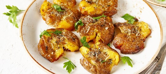 crushed potatoes. smashed potatoes. recipes for Australian cuisine. the potatoes are boiled in a shell, broken and baked in an oven with spices. 