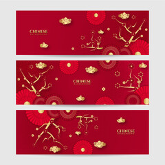 Naklejka premium Chinese new year 2022 year of the tiger red and gold flower and asian elements paper cut with craft style on background. Universal chinese background banner. Vector illustration