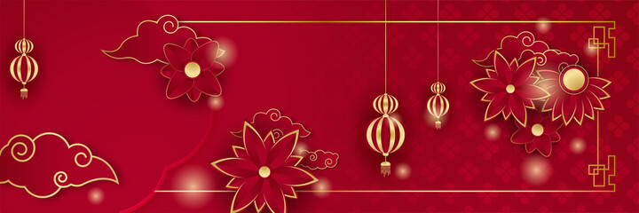 Obraz premium Chinese new year 2022 year of the tiger red and gold flower and asian elements paper cut with craft style on background. Universal chinese background banner. Vector illustration