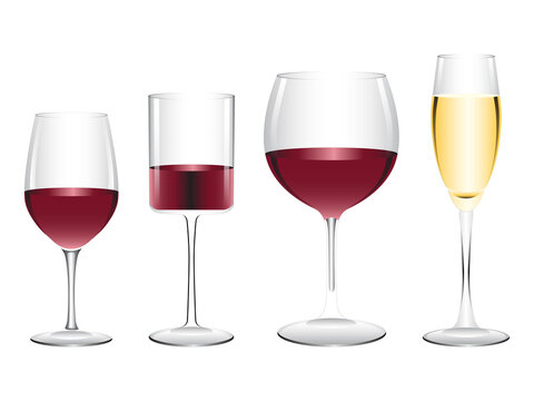 Vector set of Red and white wine glasses in different shapes.