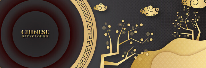 Chinese new year 2022 year of the tiger black and gold flower and asian elements paper cut with craft style on background. Universal chinese background banner. Vector illustration