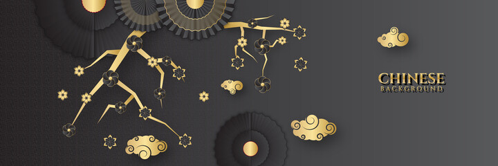 Chinese new year 2022 year of the tiger black and gold flower and asian elements paper cut with craft style on background. Universal chinese background banner. Vector illustration